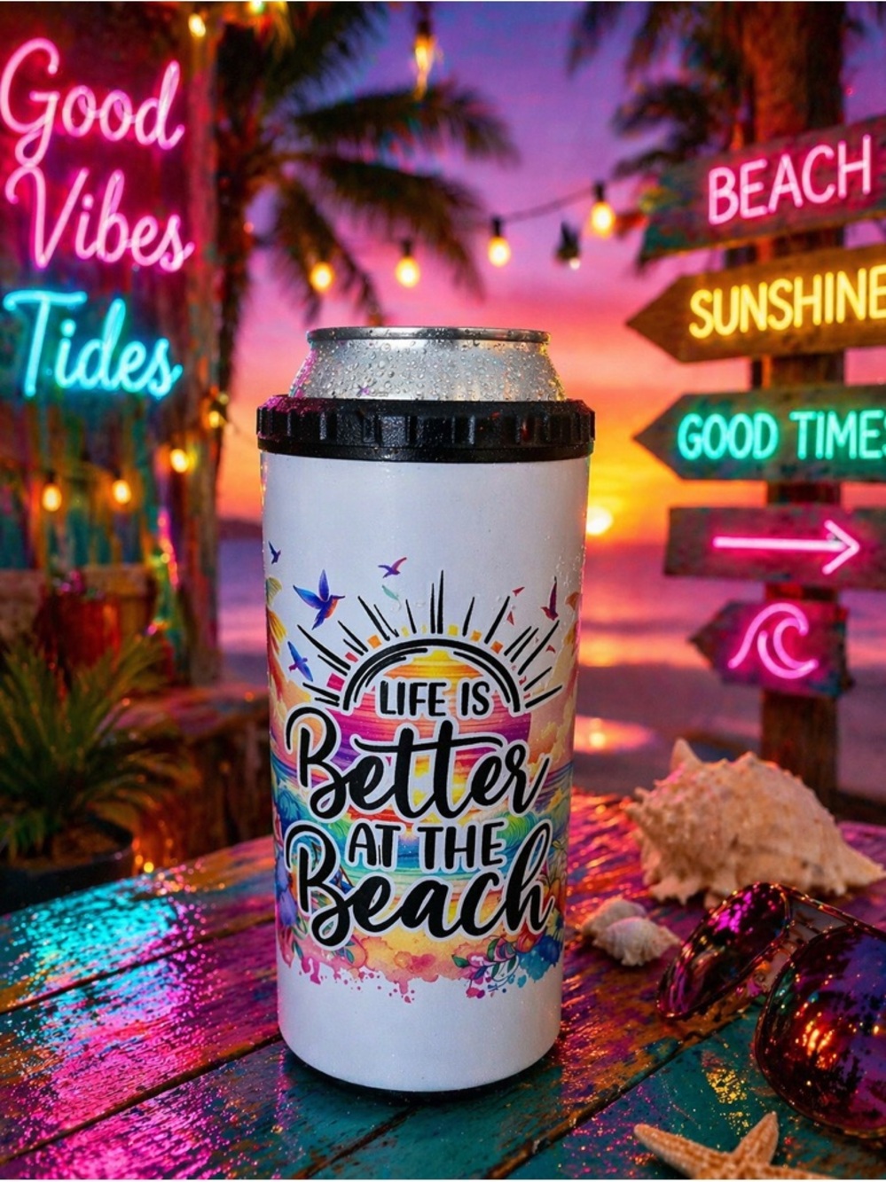 Life Is Better At The Beach Insulated Can Cooler - White